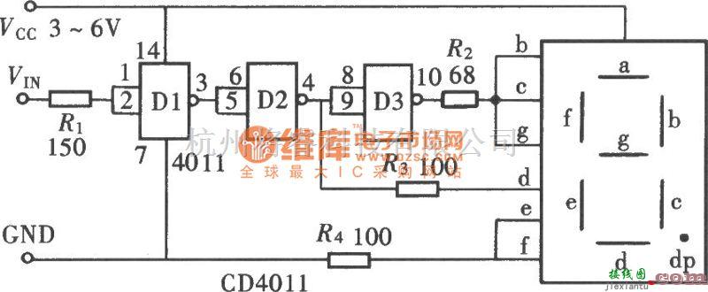 电工测试工具中的用门电路组成的文字显示型逻辑笔之二(CD4011)电路图  第1张