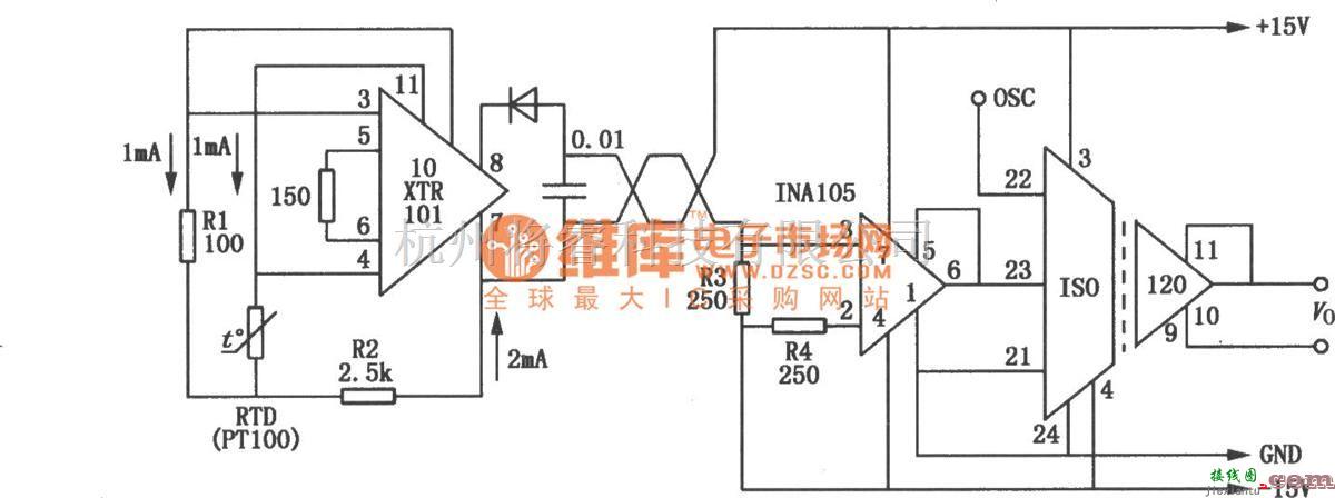 运算放大电路中的ISO120与XTR101组成的高精度远距离测温电路图  第1张