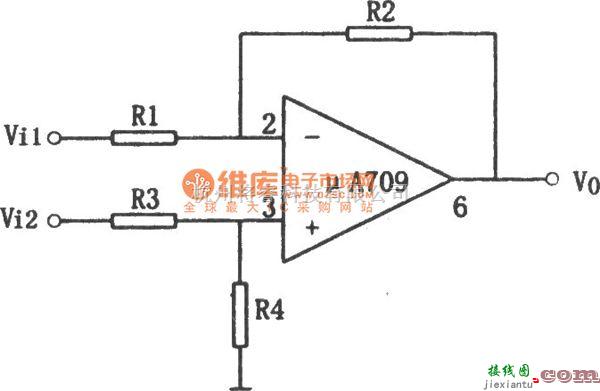 运算放大电路中的μA709构成的简单差动放大电路图  第2张