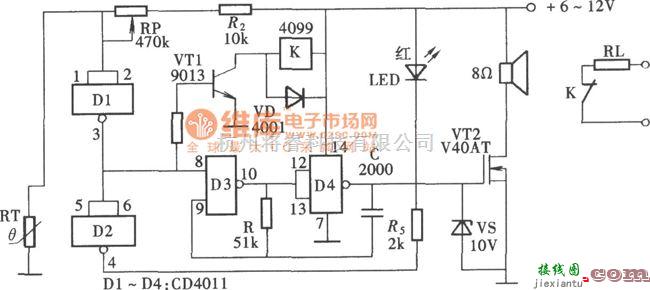 温控电路中的超温监测自动控制电路(CD4011)电路图  第1张