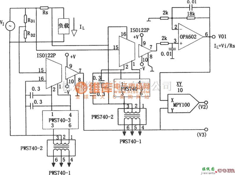 运算放大电路中的动力线负载V、I和P的隔离检测电路(OPA602)电路图  第1张