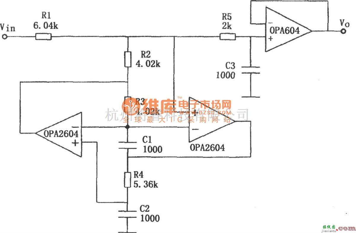 滤波器中的OPA2604构成的三阶低通滤波器电路图  第1张