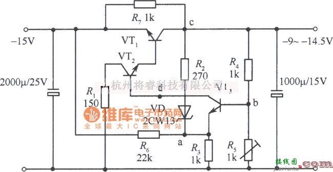 稳压电源中的-9～-l4.5v集电极输出稳压电源电路图  第1张