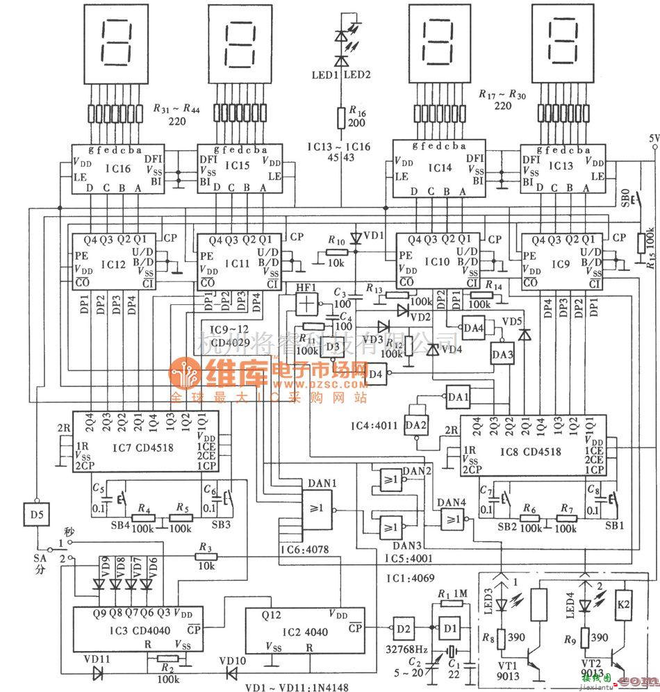 定时控制中的数显式四位高精度通用定时器(CD4040、CD4518、CD4029)电路图  第1张