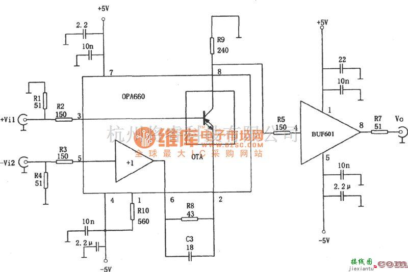 运算放大电路中的400MHz差动放大器(OPA660、BUF601)电路图  第1张