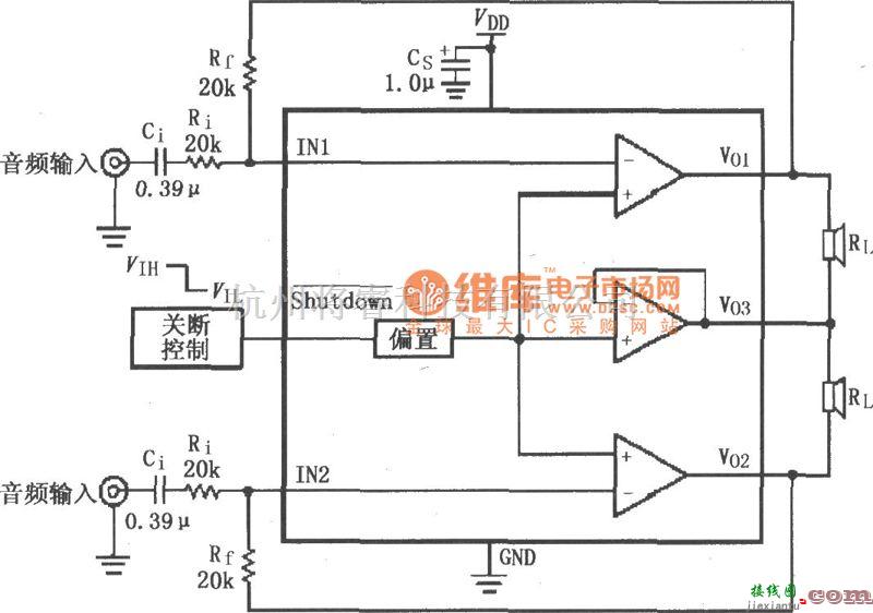 耳机放大中的LM4910用于双声道放大器的典型电路图  第1张