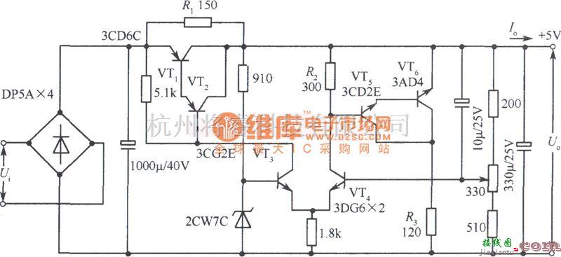 稳压电源中的5V集电极输出串、并联复合稳压电源电路图  第1张