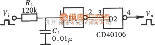 定时控制中的用门电路组成的脉冲延迟电路(CD40106)电路图  第1张