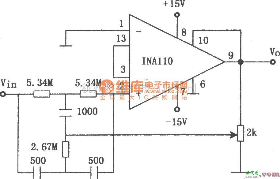 滤波器中的INA110构成的60Hz输入陷波滤波器电路图  第1张