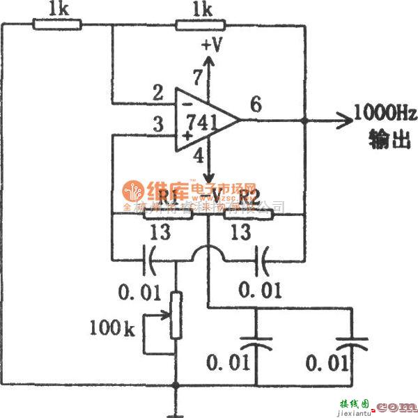 正弦信号产生中的1kHz正弦波振荡器(741)电路图  第1张