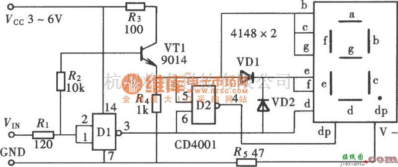 电工测试工具中的能够显示开路状态的逻辑笔之一(CD4001)电路图  第1张