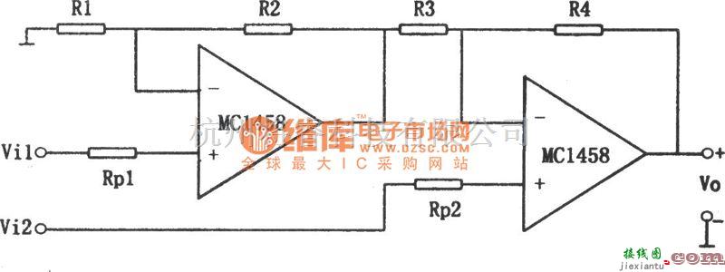 运算放大电路中的从同相端输入的两运放减法电路(MC1458)电路图  第1张