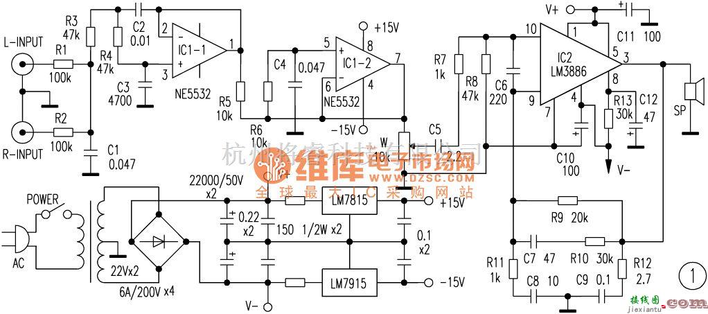 电子管功放中的LM3886低音炮电路图  第1张