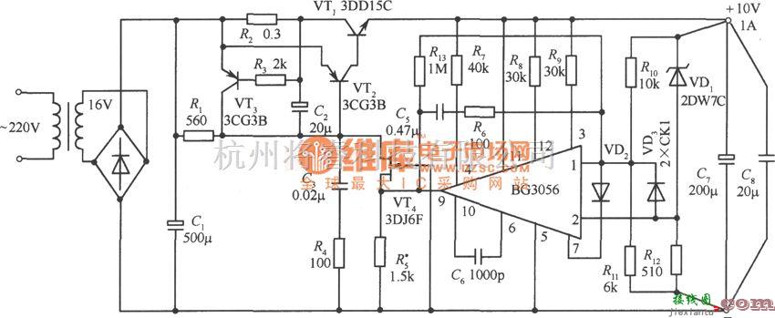 稳压电源中的1OV、1A精密稳压电源电路图  第1张