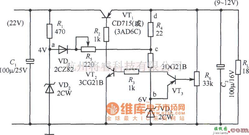 稳压电源中的12V集电极输出稳压电源电路之一电路图  第1张