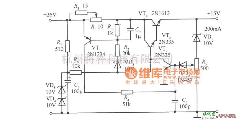 稳压电源中的保护电流可调的15V稳压电源电路图  第1张