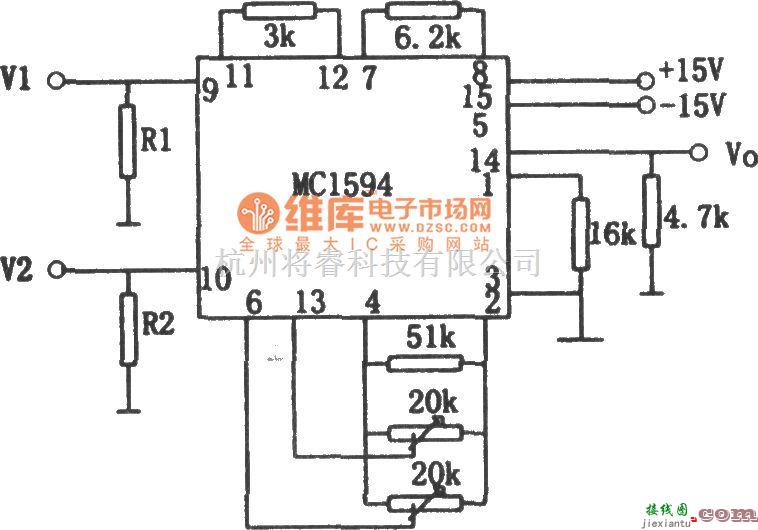 运算放大电路中的交流电压乘法器(MC1594)电路图  第1张