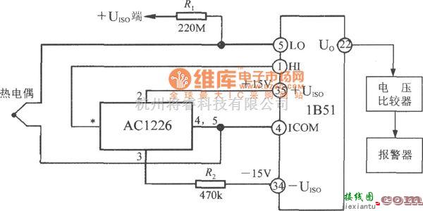 传感信号调理中的能检测热电偶开路故障的电路(隔离式热电偶冷端温度补偿及信号调理器1B51)电路图  第1张