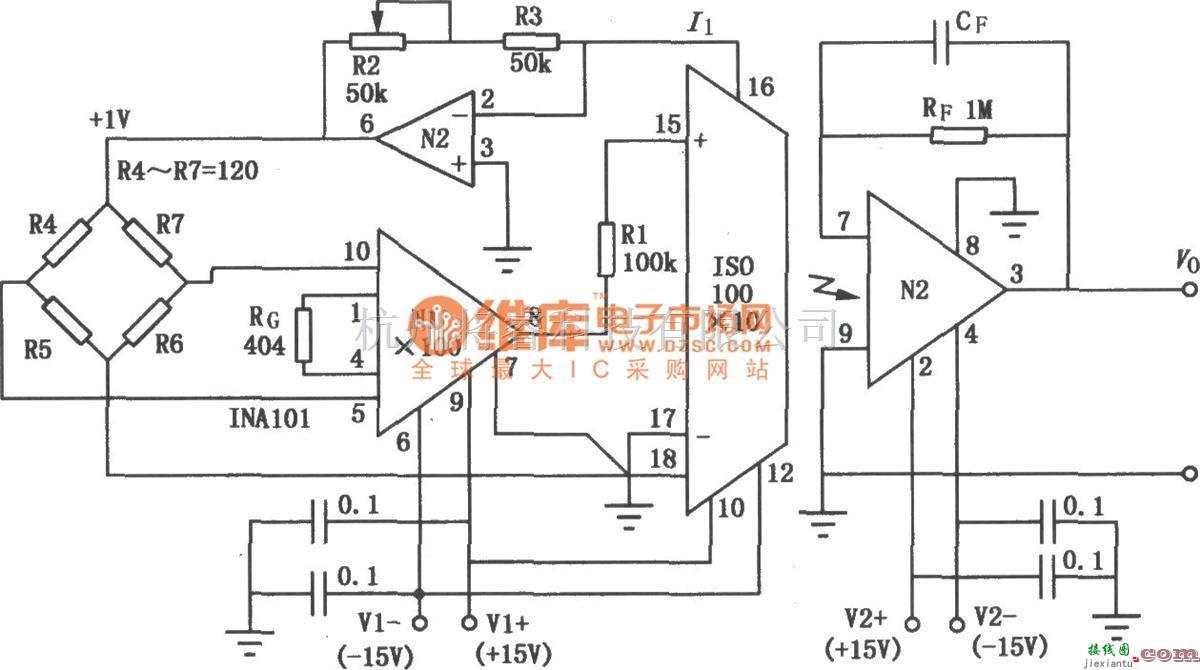 运算放大电路中的ISO100组成的精密电桥隔离放大电路图  第1张