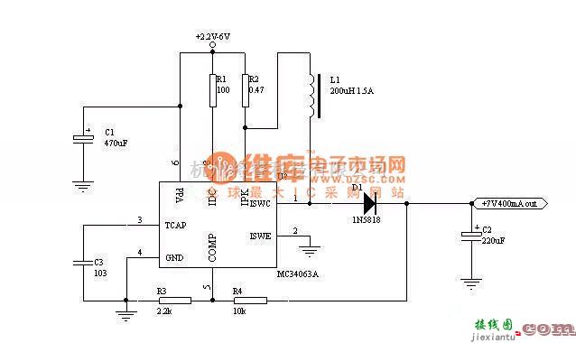 稳压电源中的MC34063 2.2V-6V升压到7V电路图  第1张