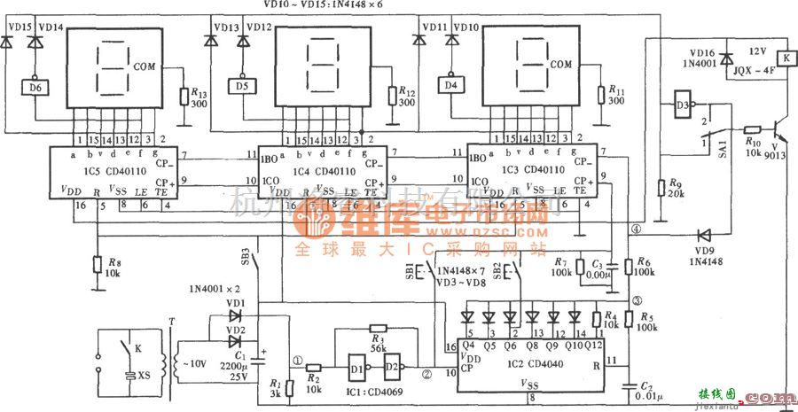 定时控制中的逆计时数显定时控制器(CD40110、CD4040、CD4069)电路图  第1张