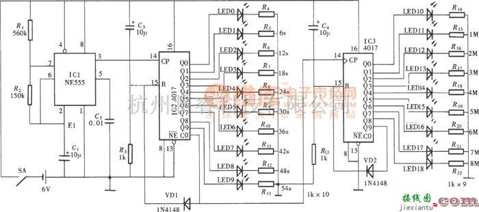 定时控制中的由NE555、CD4017构成的电话通话计时提醒器电路图  第1张