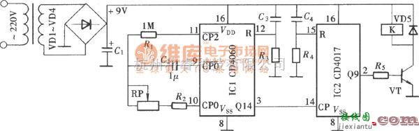 定时控制中的高精度长延时定时控制器(CD4060、CD4017)电路图  第1张