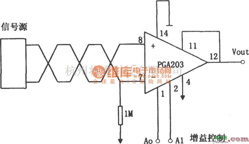 运算放大电路中的PGA203构成的浮动信号源增益可编程放大器电路图  第1张