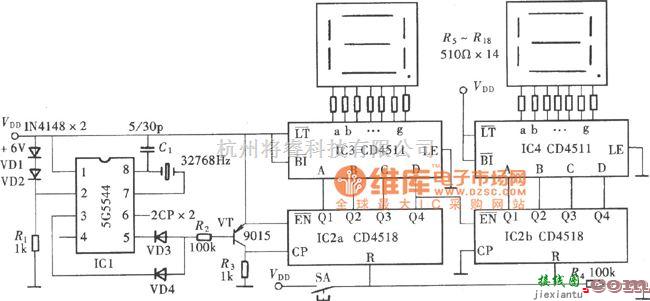 定时控制中的两位数显秒计时器(5G5544、CD4511、CD4518)电路图  第1张