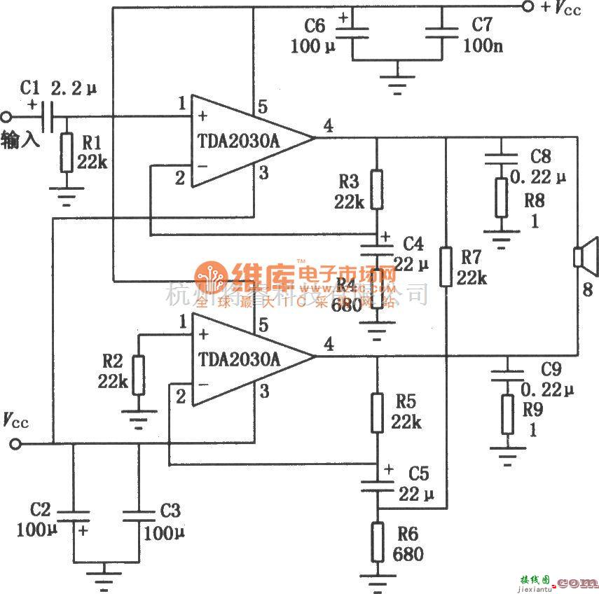 电子管功放中的TDA2030A音频功率放大器的BTL应用电路图  第1张