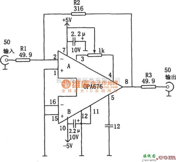 视频放大中的具有50Ω输入／输出阻抗的宽带视频放大器(OPA676)电路图  第1张