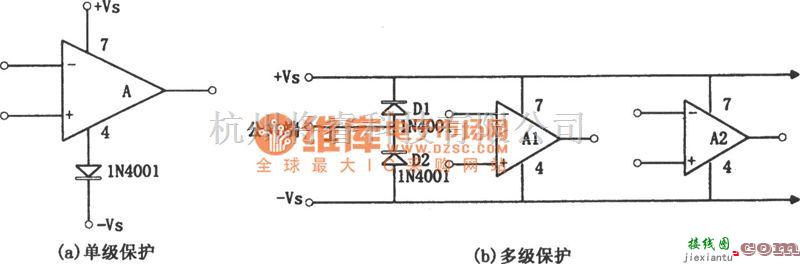 运算放大电路中的运放电源电压极性反接的保护电路图  第1张