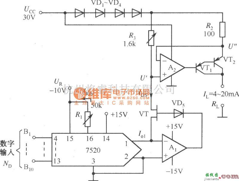 电源电路中的程控电流源电路(7520DAC)电路图  第1张