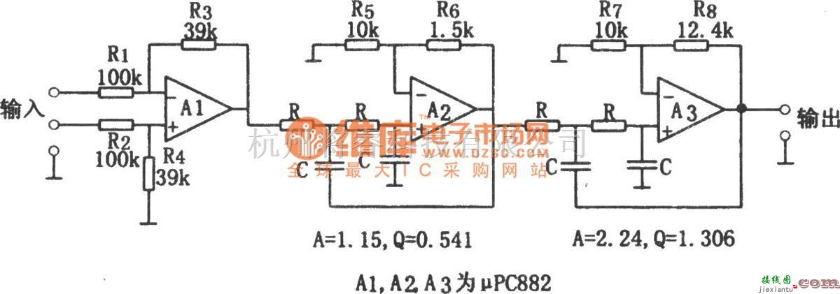 滤波器中的用相同参数构成的每倍频程24dB低通滤波器(μPC882)电路图  第1张