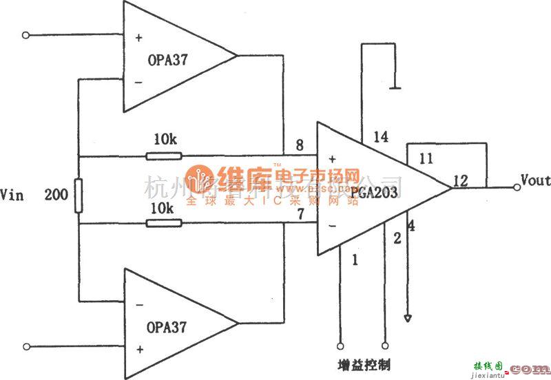 运算放大电路中的OPA37构成的增益可编程低噪声差动放大器电路图  第1张