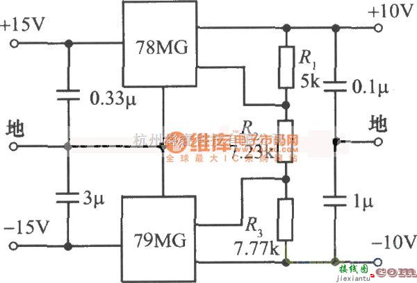 稳压电源中的±1OV跟踪稳压电源电路图  第1张