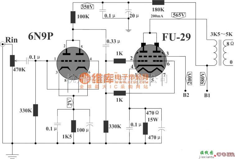 电子管功放中的FU29并联单端30W功放电路图  第1张