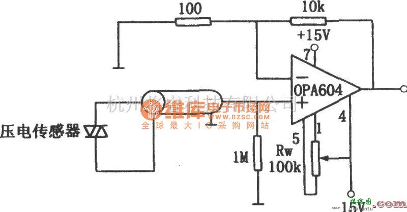 运算放大电路中的压电传感器用高保真高阻抗放大器(OPA604)电路图  第1张