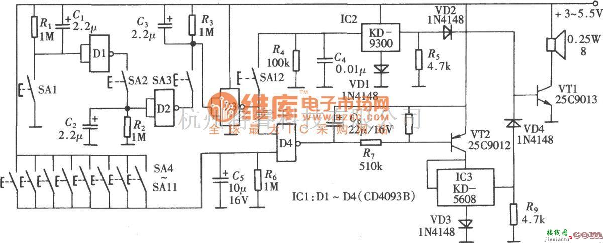 语音电路中的密码式电子门铃(CD4093B)电路图  第1张