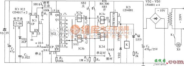 定时控制中的可调式可循环定时控制器(CD4001、CD4017)电路图  第1张