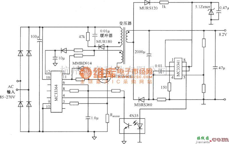 开关稳压电源中的由MC33364构成的8.2V／3A开关直流稳压电源电路图  第1张