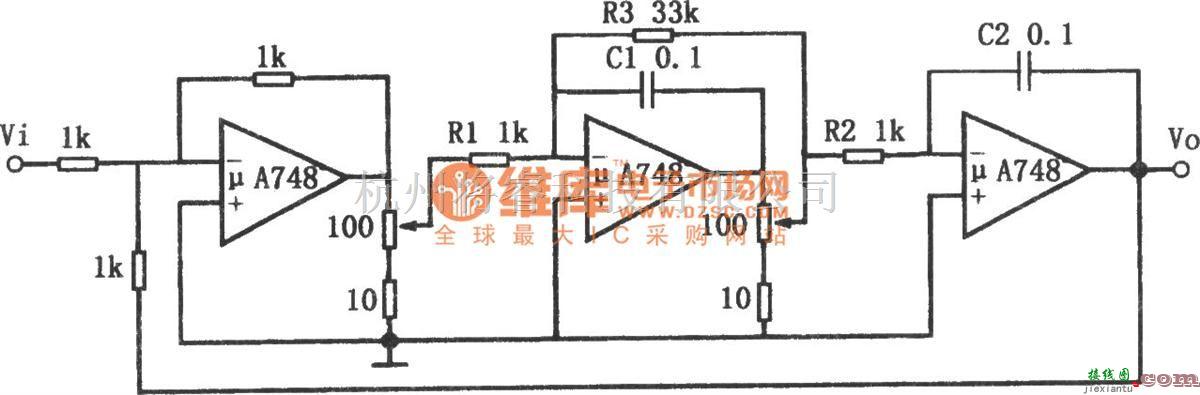 滤波器中的频率可调的带通滤波器(μA748)电路图  第1张