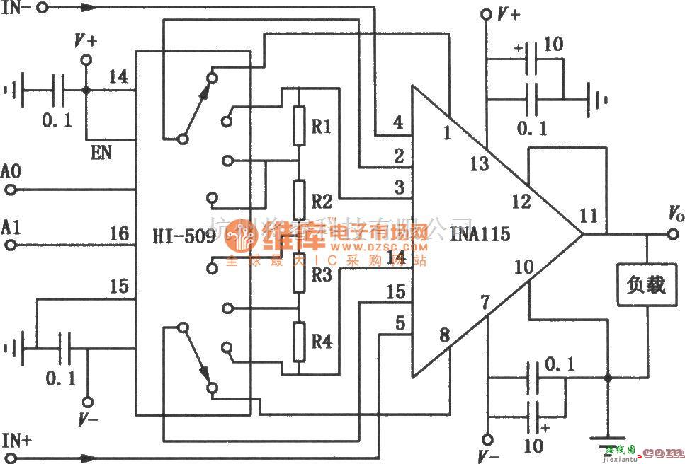 运算放大电路中的INA115组成的开关增益放大电路图  第1张