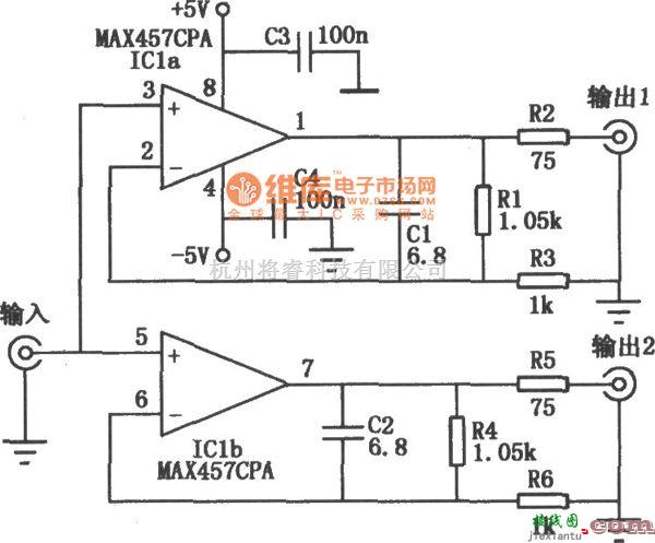 视频放大中的MAX457构成的双路视频放大电路图  第1张