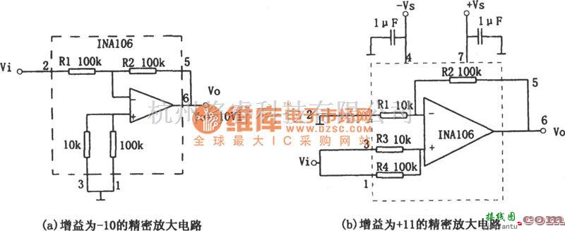 运算放大电路中的增益为-10和+11的精密放大器(INA106)电路图  第1张