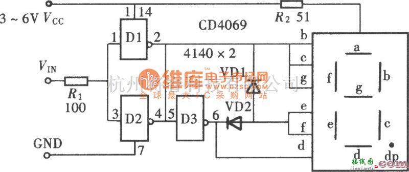 电工测试工具中的用门电路组成的文字显示型逻辑笔之一(CD4069)电路图  第1张