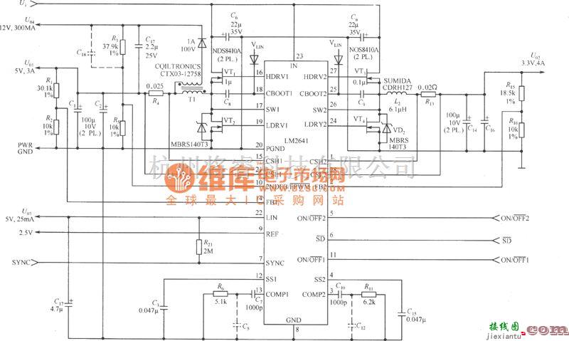 电源电路中的由LM2641构成的输5V／3A，3.3V／4A，12V／0.3A和5V／0.025A的四输出电源电路图  第1张