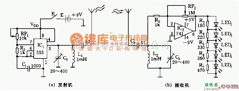 无线发射中的555汽车寻找装置电路图  第1张