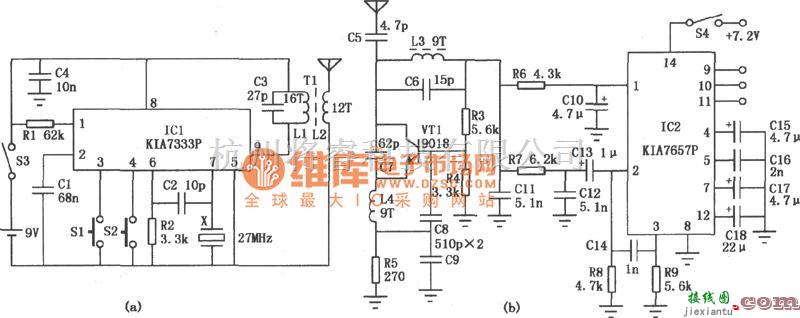 无线发射中的KIA733P、KIA7657P组成的可编码三通道发射、接收电路图  第1张