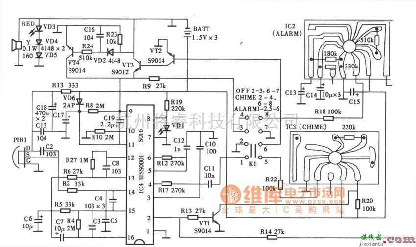 遥控电路（综合)中的SNS-200P1R热释电红外报警器电路图  第1张